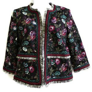 Loft Blazer Canvas Fringe Black Floral Open Front India Cotton Spandex